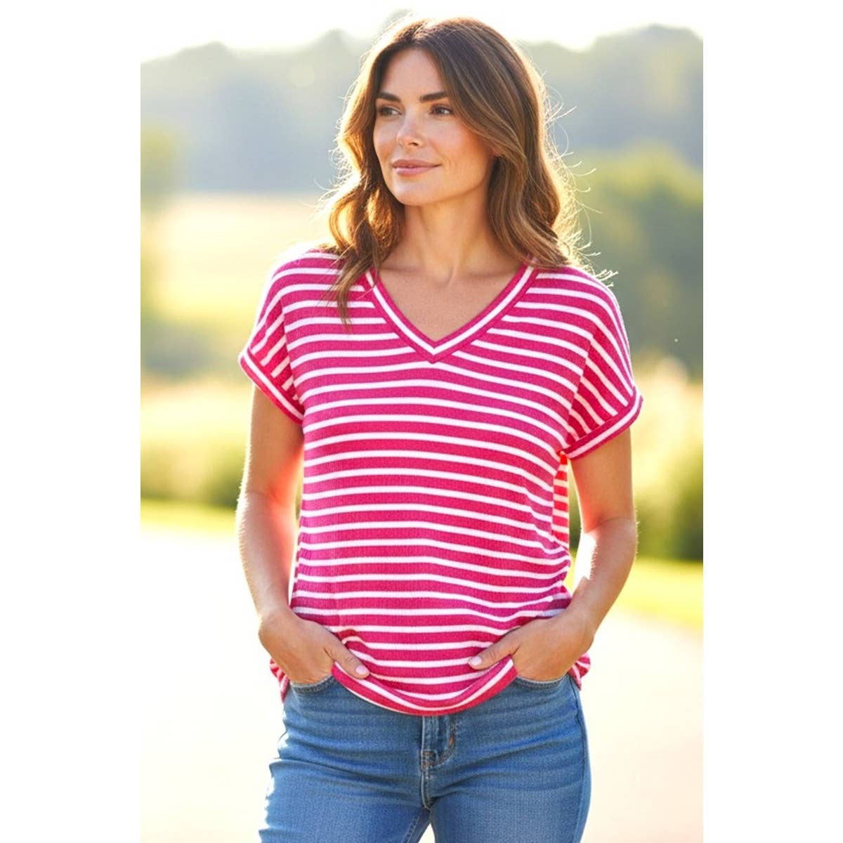 Stripe V-Neck Pink